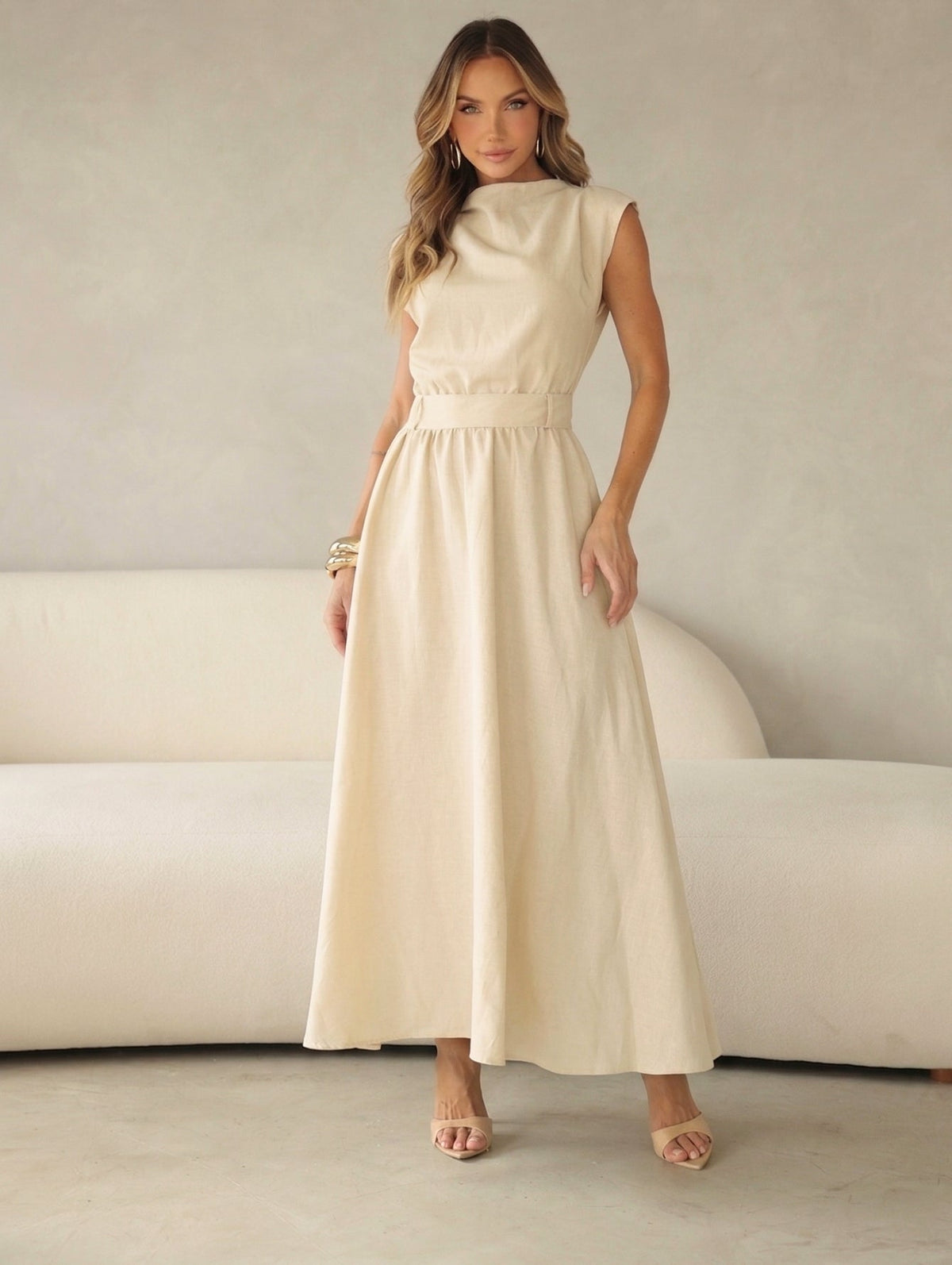 Vestido Midi Acinturado com Bolso e Ombro Drapeado Hazel