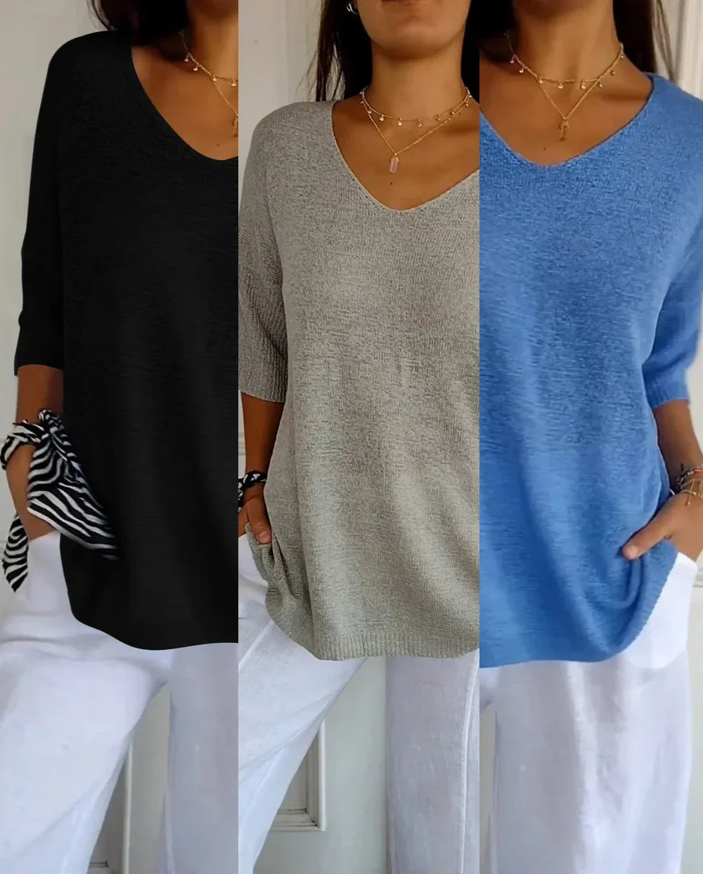 Kit 3 Blusas Luna® Malha Leve – Decote V Elegante