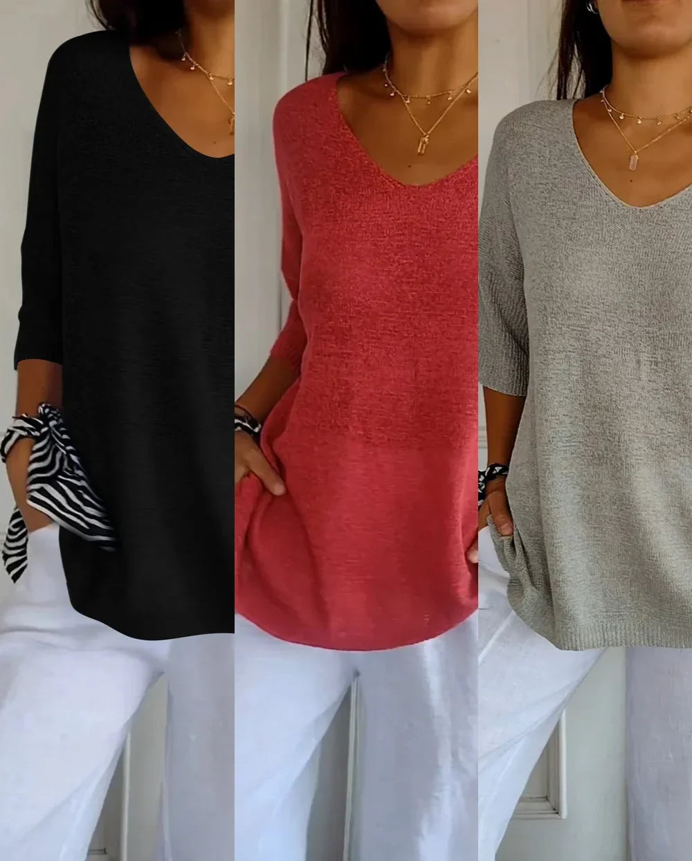 Kit 3 Blusas Luna® Malha Leve – Decote V Elegante