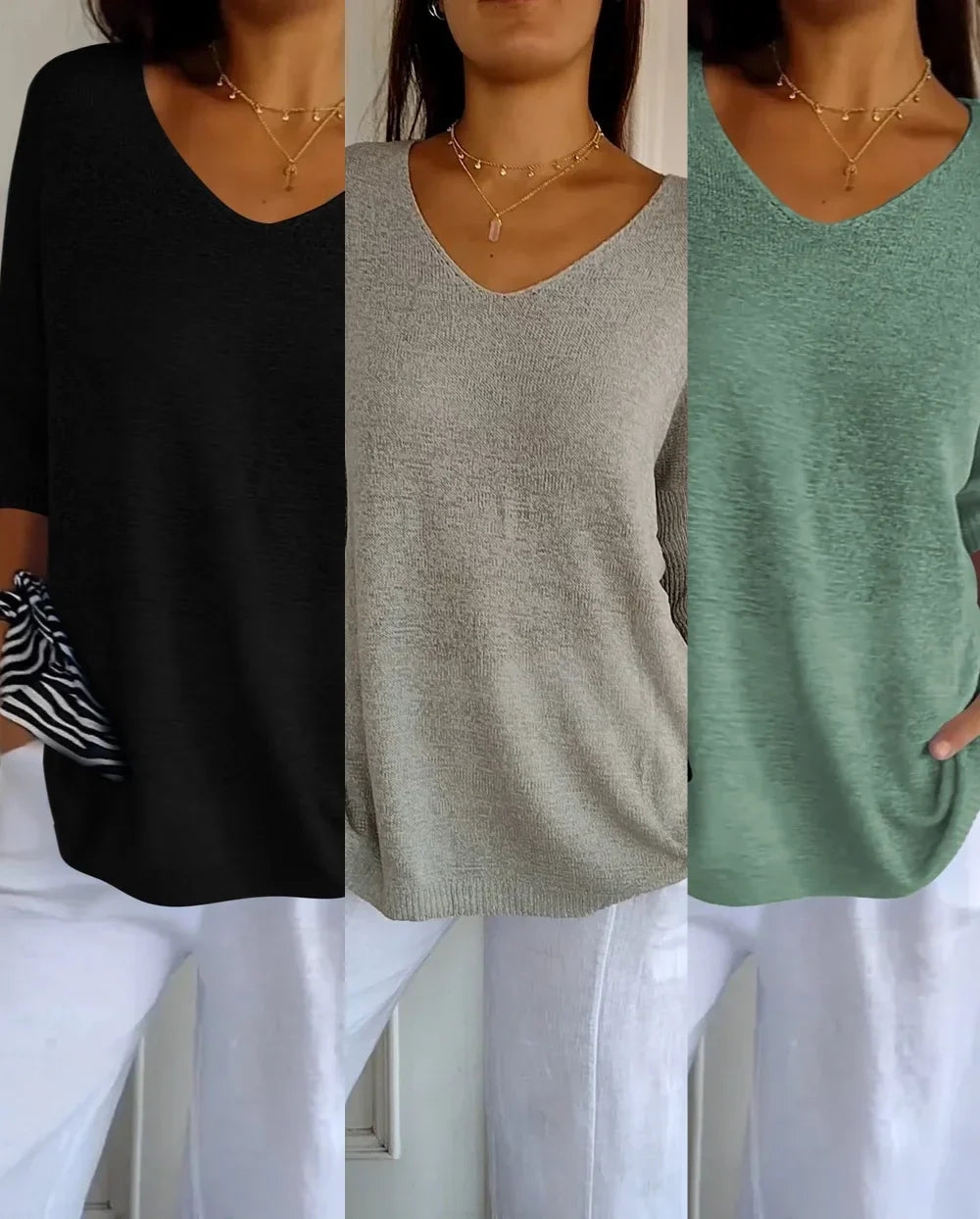 Kit 3 Blusas Luna® Malha Leve – Decote V Elegante