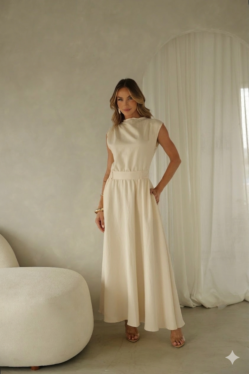 Vestido Midi Acinturado com Bolso e Ombro Drapeado Hazel