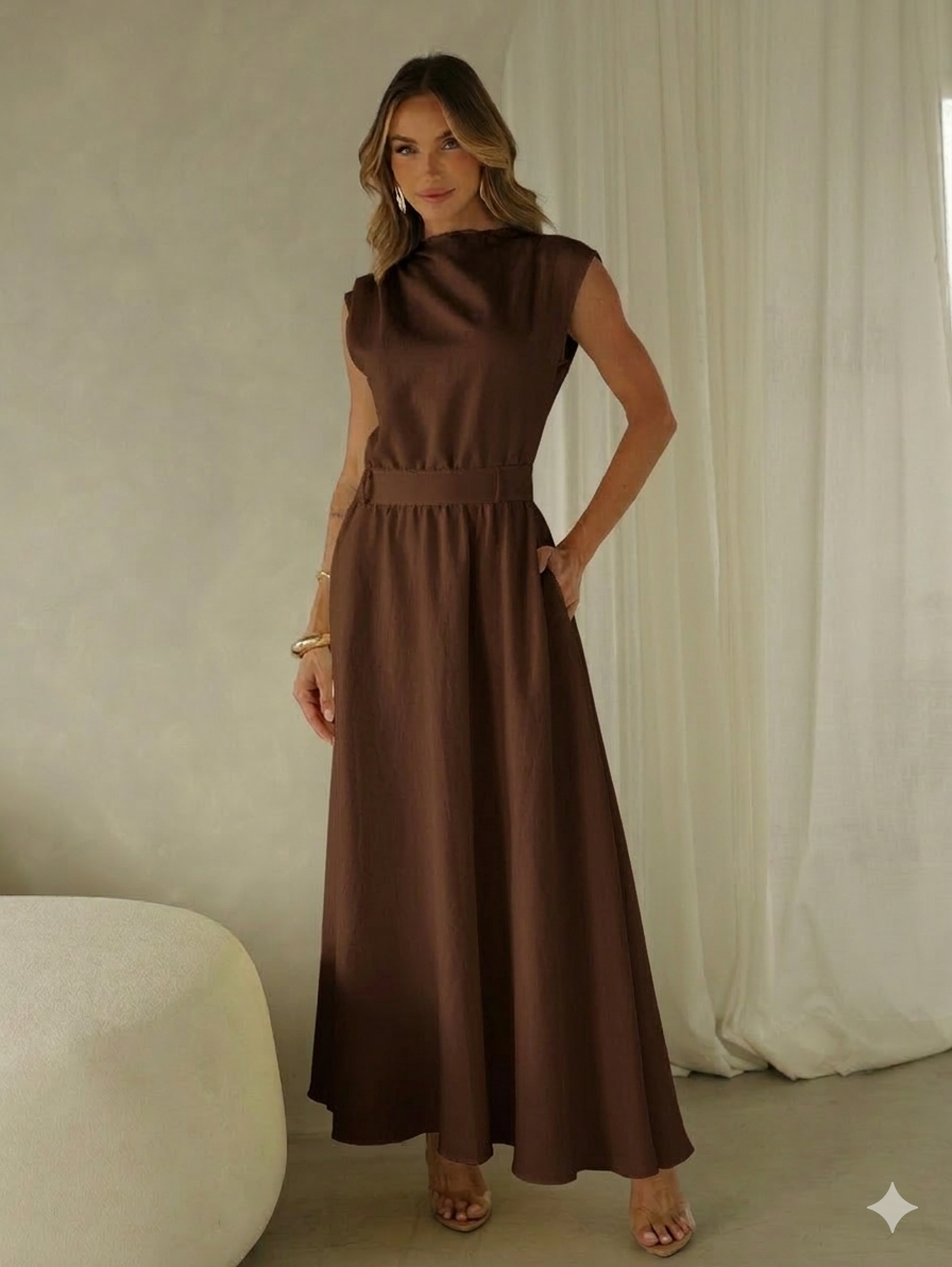 Vestido Midi Acinturado com Bolso e Ombro Drapeado Hazel