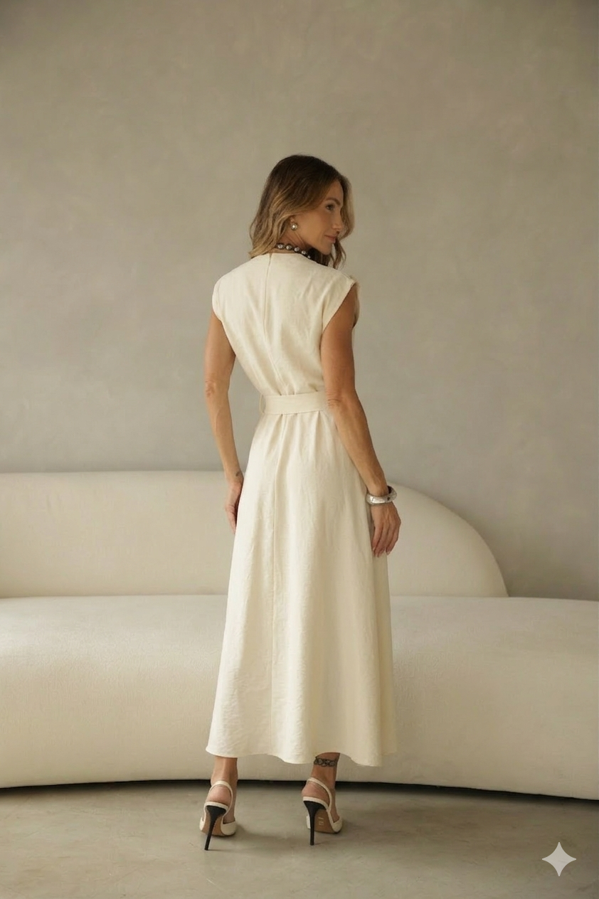 Vestido Midi Acinturado com Bolso e Ombro Drapeado Hazel