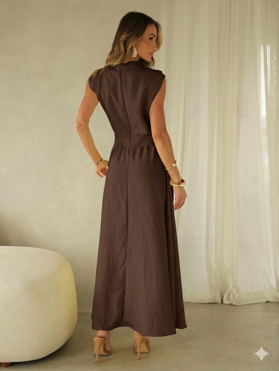 Vestido Midi Acinturado com Bolso e Ombro Drapeado Hazel